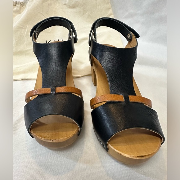 Kulik sandal clog, black w/brown accent leather & wooden sole size 40 EU / 9 US - Picture 2 of 9